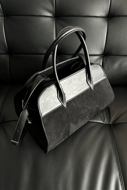 Luxe Patchwork Suede Tote - Black Elegant Handbag with Dual Handles - Wolvess