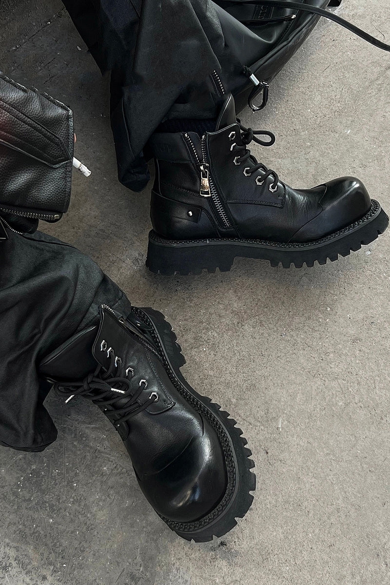 Black Leather Platform Combat Boots - Wolvess