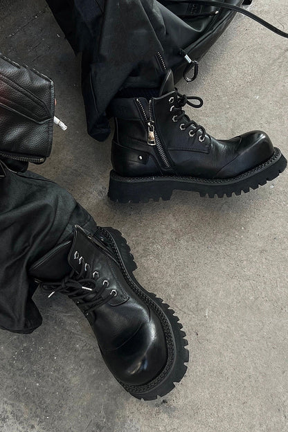 Black Leather Platform Combat Boots - Wolvess