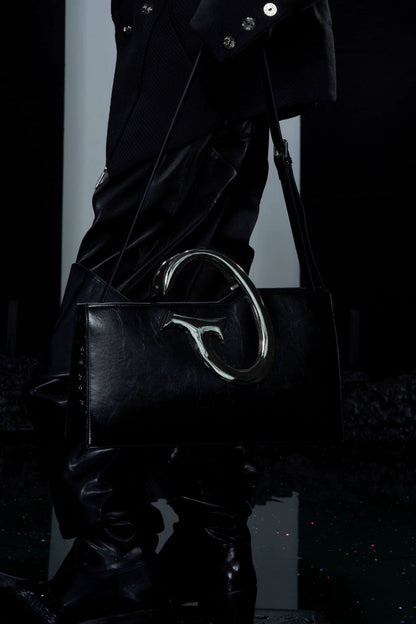 Avant-Garde Metal Handle Shoulder Bag - Sleek Black Designer Tote - Wolvess