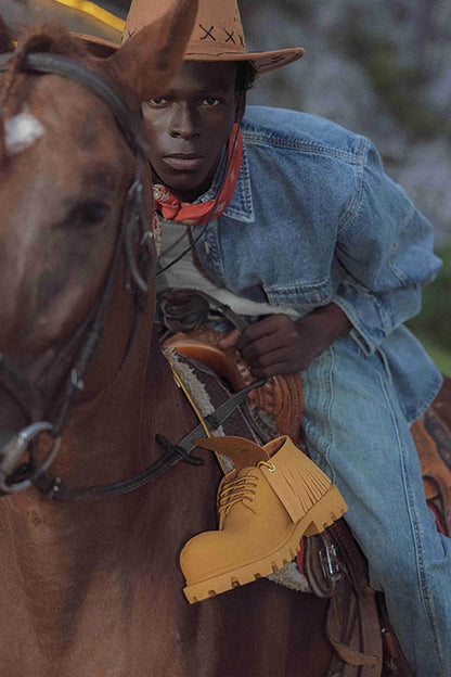 Tan Leather Platform Derby Shoes with Fringe Detail and Lug Sole - Wolvess