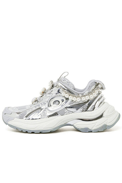 Pearl Decorated Metallic Chunky Sneakers Silver White - Wolvess
