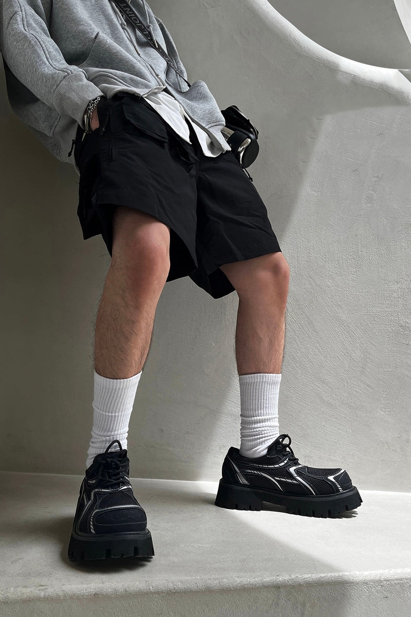 Black Mesh Platform Sneakers with White Accents - Wolvess