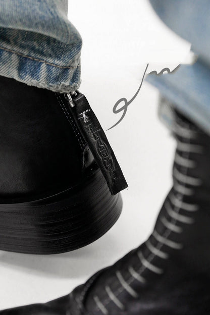 Black Leather Lace-Up Combat Boots - Wolvess