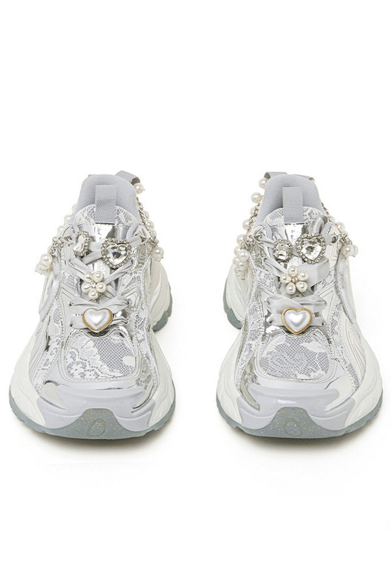 Pearl Decorated Metallic Chunky Sneakers Silver White - Wolvess