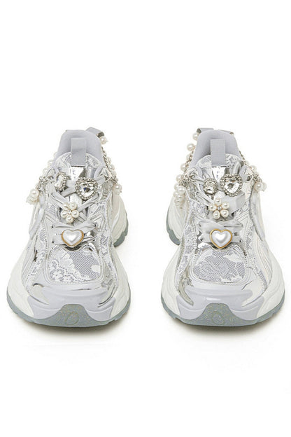 Pearl Decorated Metallic Chunky Sneakers Silver White - Wolvess