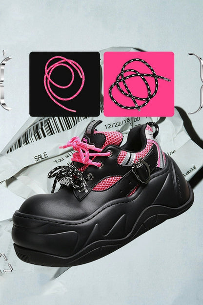 Black Pink Mesh Platform Chunky Sneakers - Wolvess