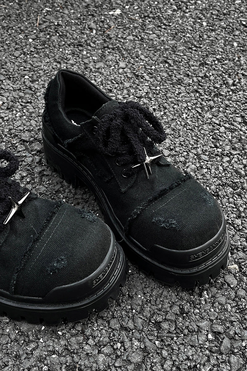 Black Distressed Canvas Platform Sneakers - Wolvess