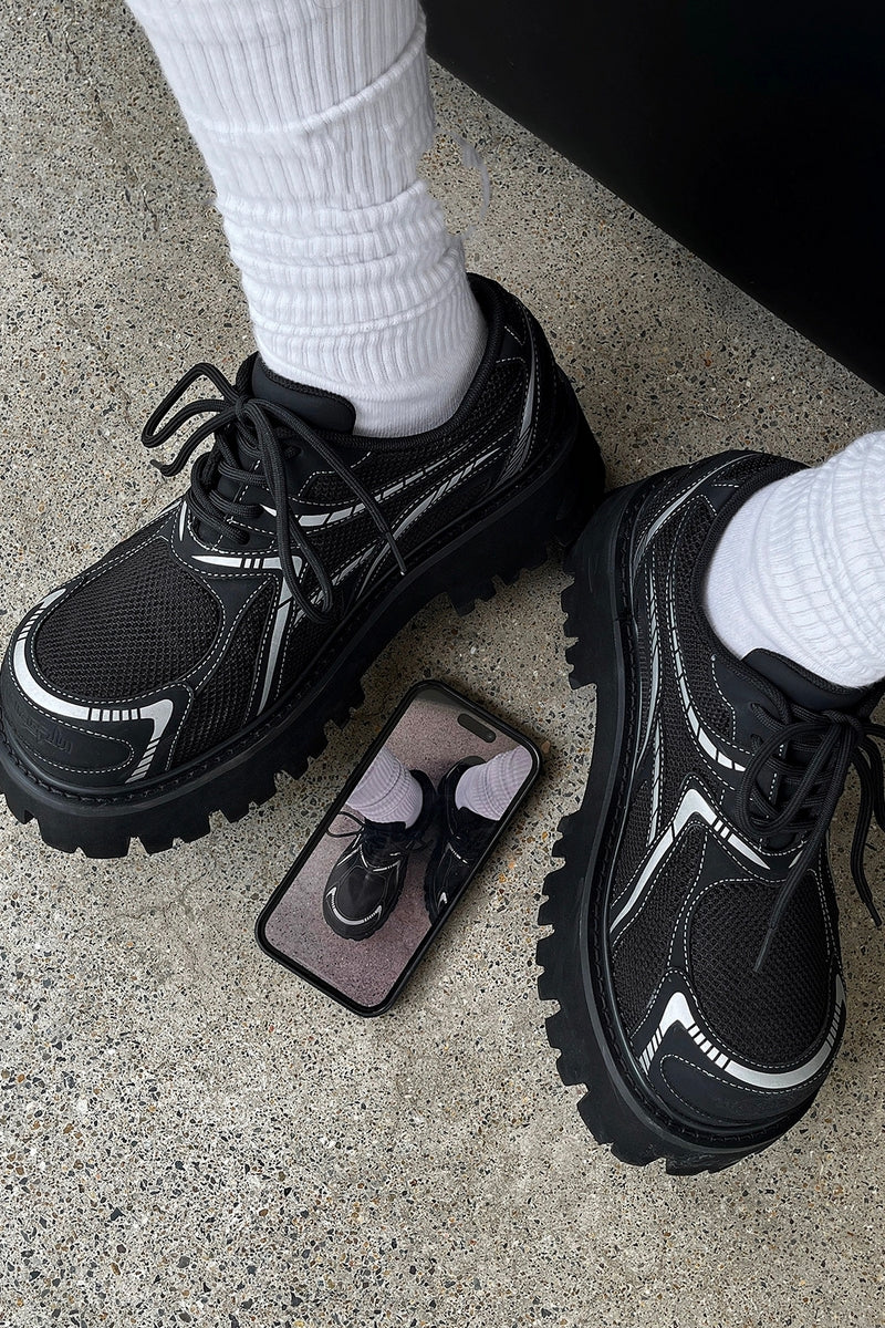 Black Mesh Platform Sneakers with White Accents - Wolvess