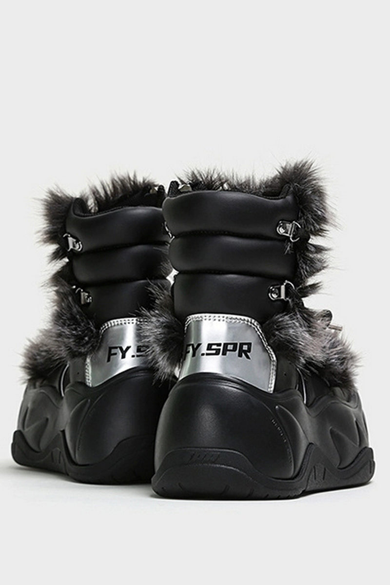 Black Furry Platform Winter Moon Boots - Wolvess