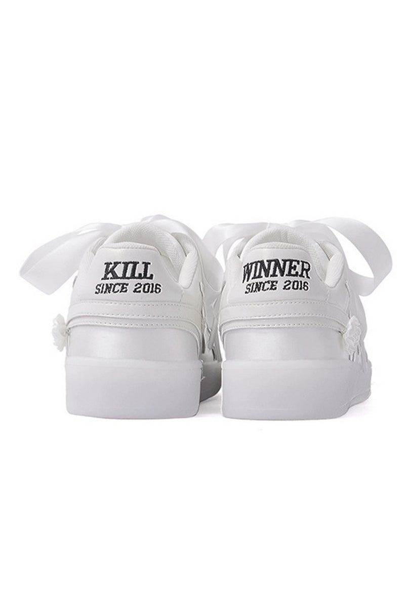 All White Low-Top Sneakers with Satin Laces - Wolvess