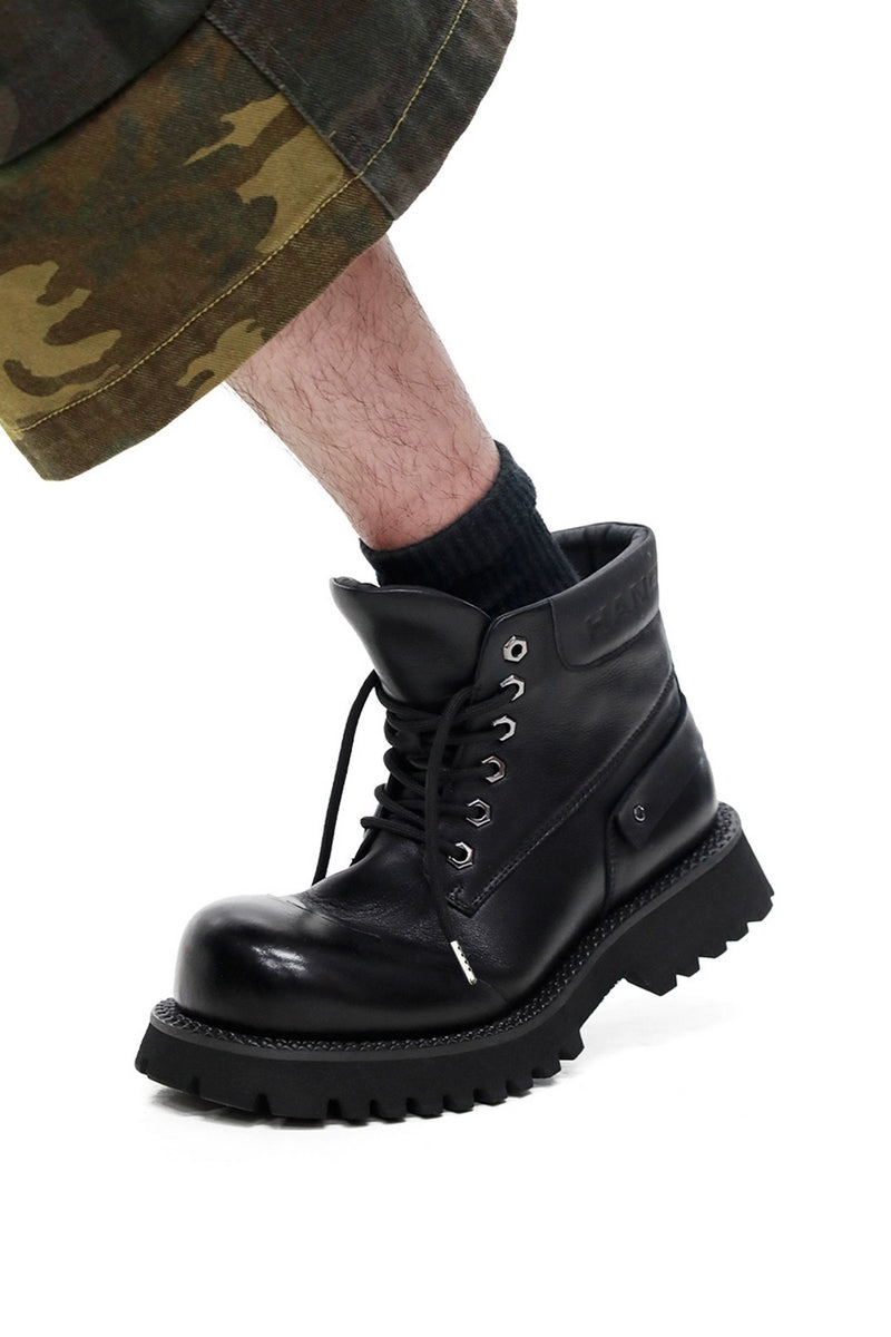Black Leather Platform Combat Boots - Wolvess