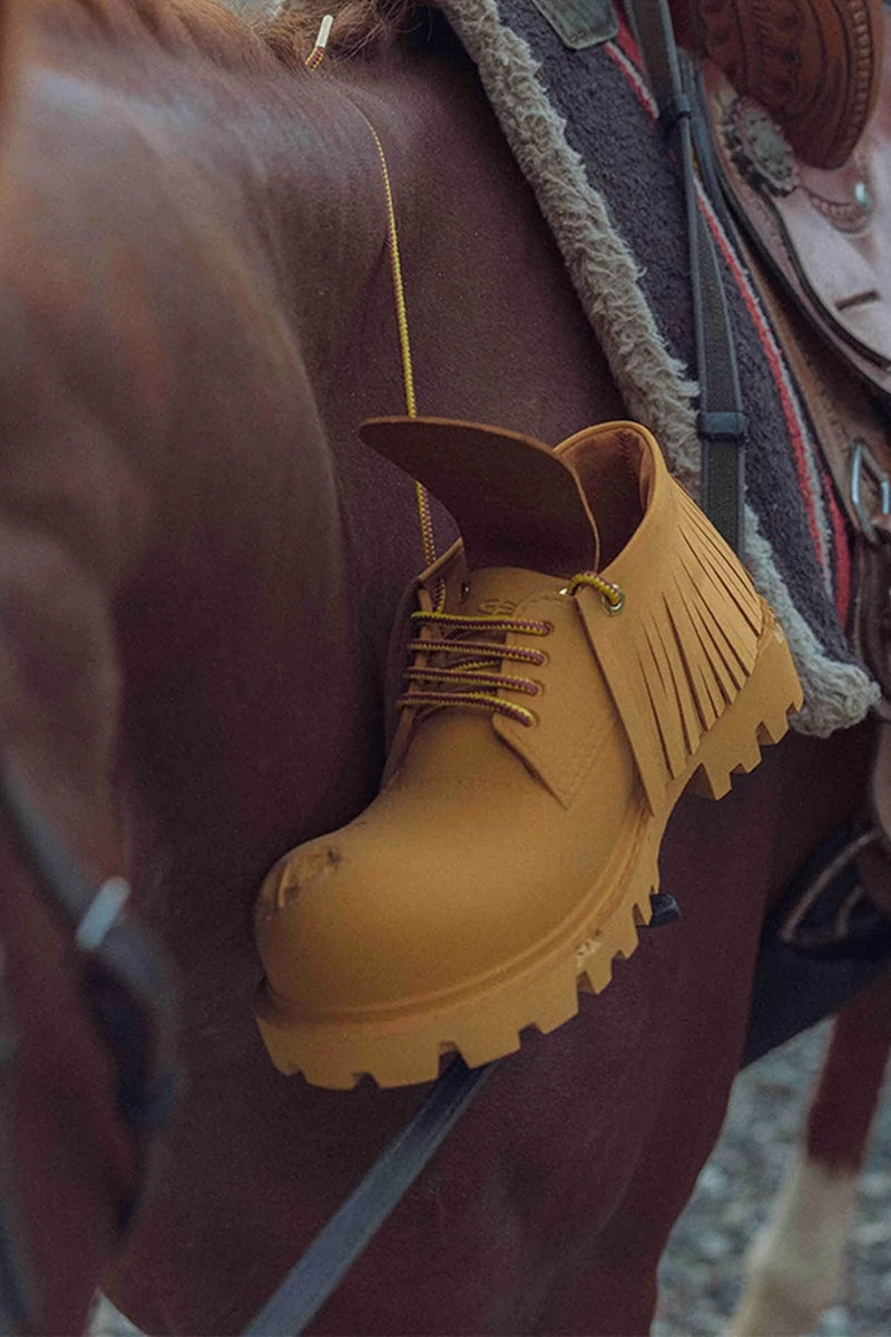 Tan Leather Platform Derby Shoes with Fringe Detail and Lug Sole - Wolvess