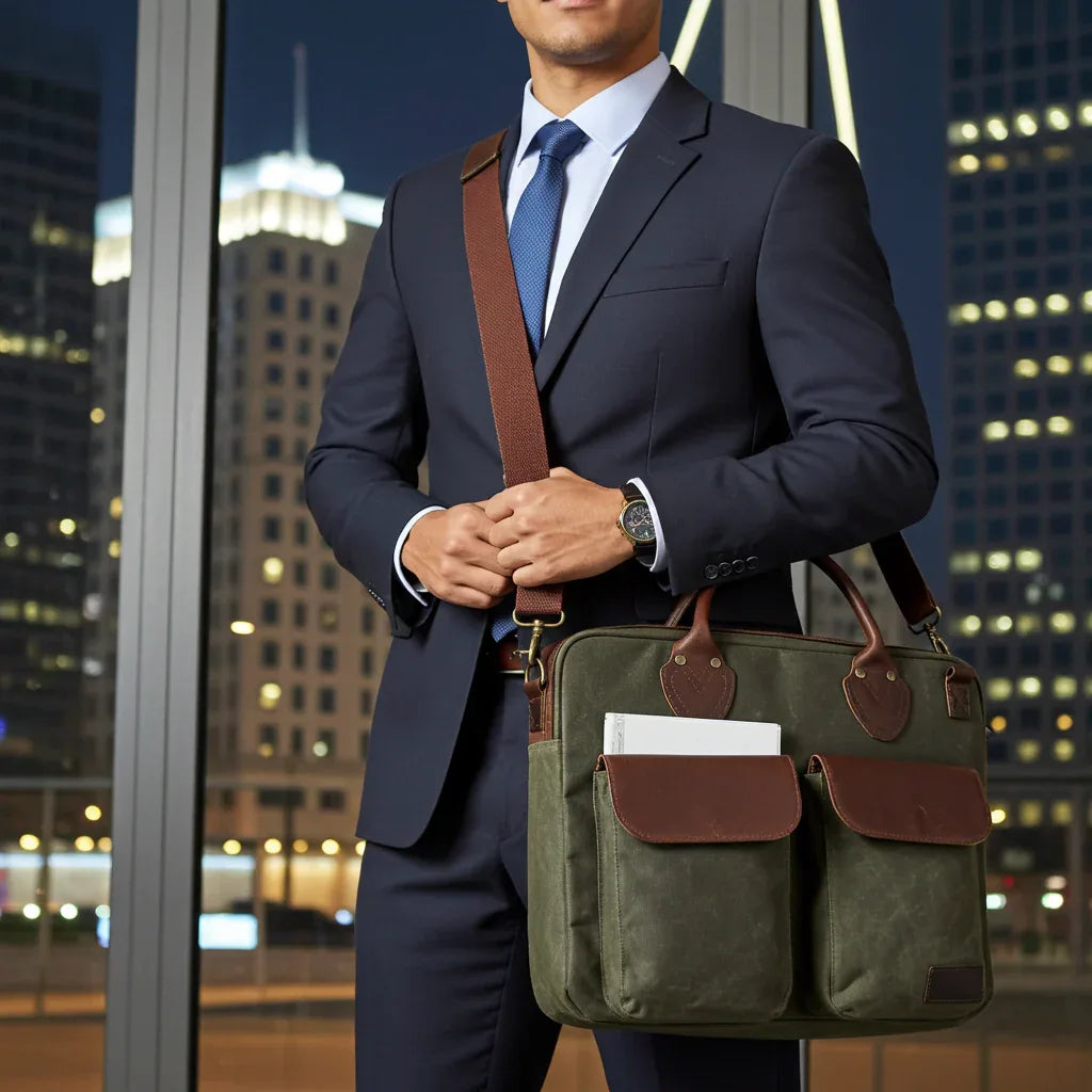 Laptop Bag, Maxwell Waxed Canvas Briefcase with Top Zipper MiamiLeathers.com