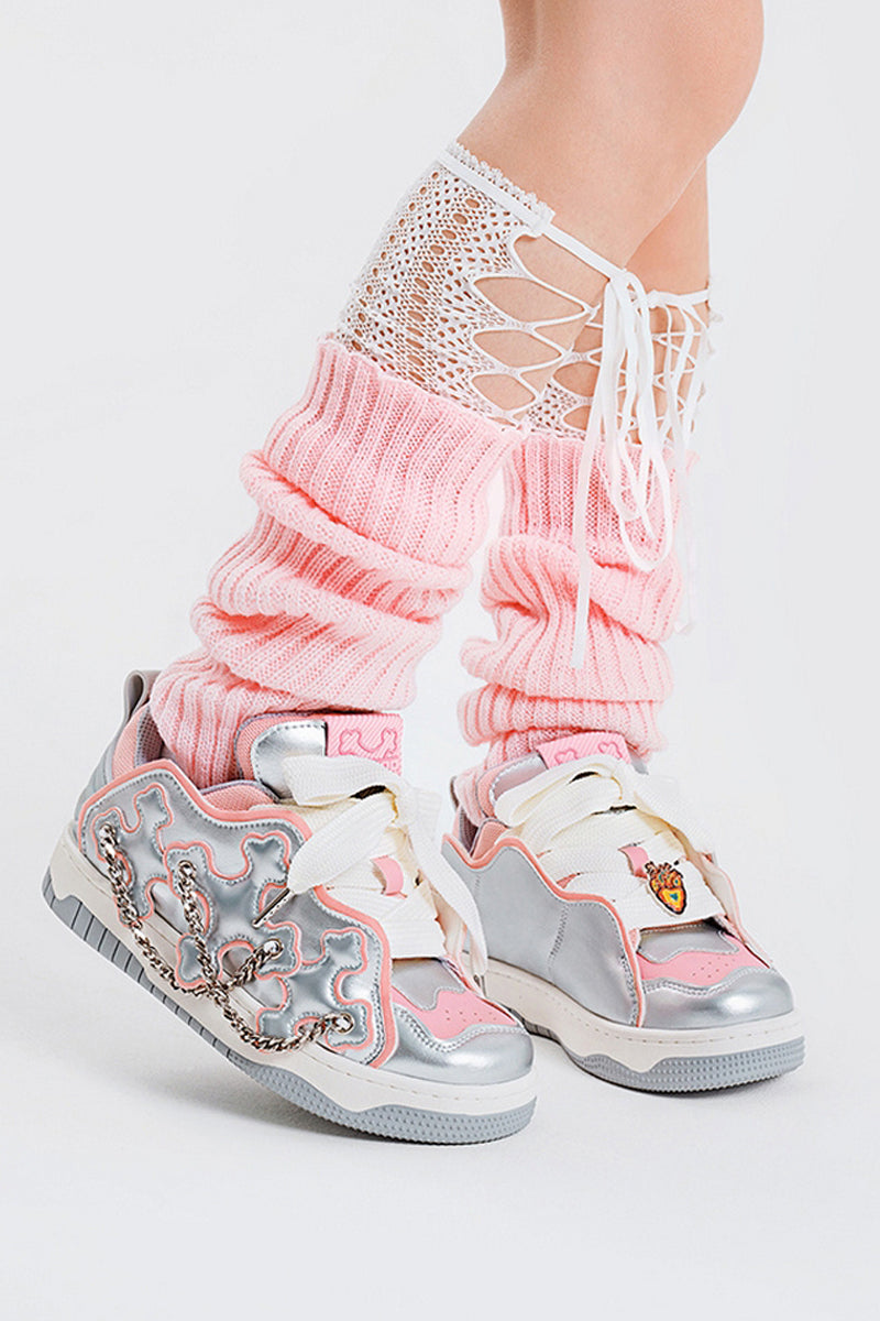 Silver Pink Chain Detail Platform Sneakers - Wolvess