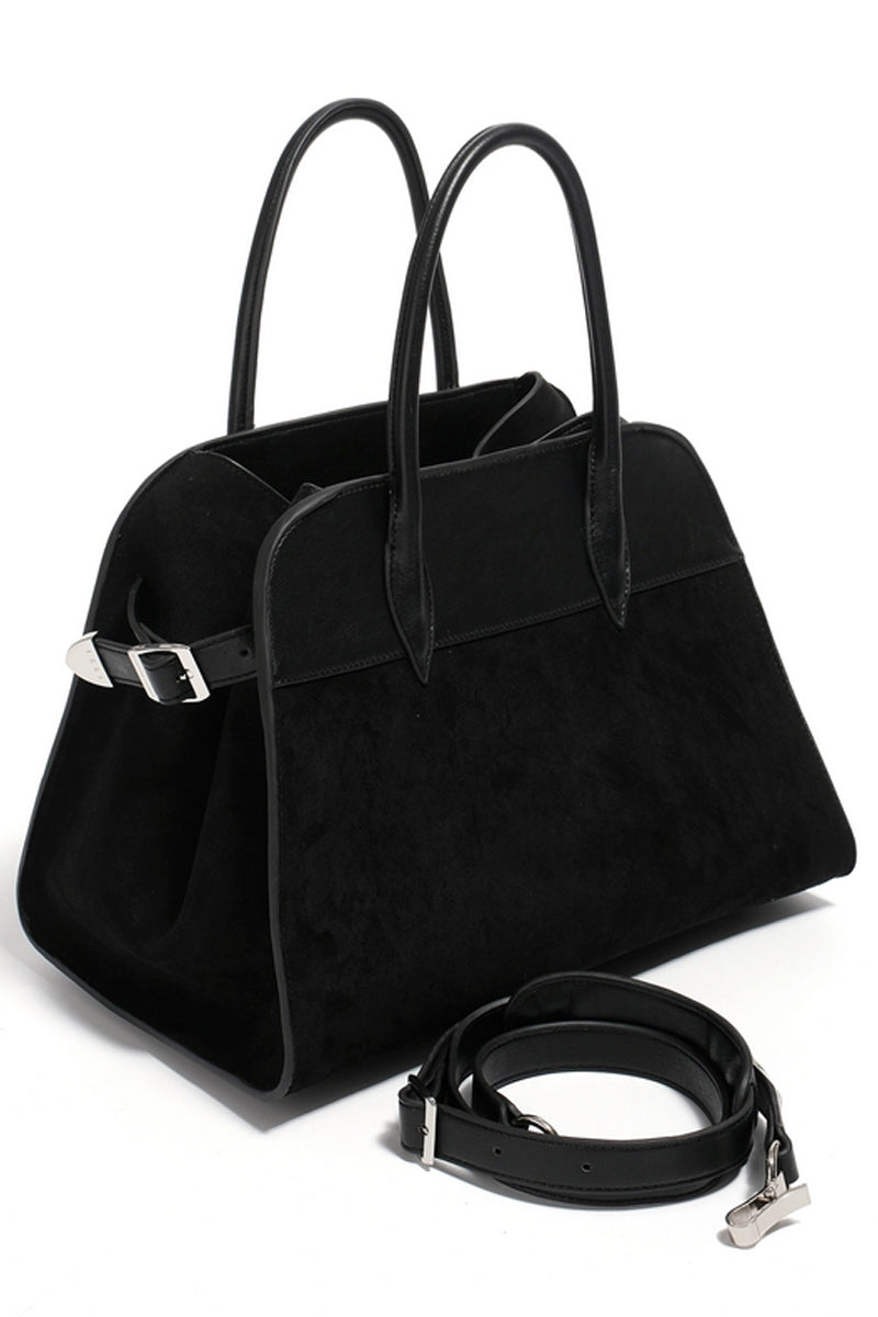 Luxe Patchwork Suede Tote - Black Elegant Handbag with Dual Handles - Wolvess