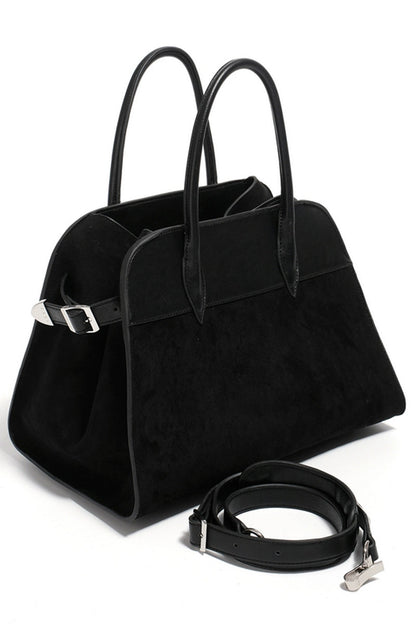 Luxe Patchwork Suede Tote - Black Elegant Handbag with Dual Handles - Wolvess