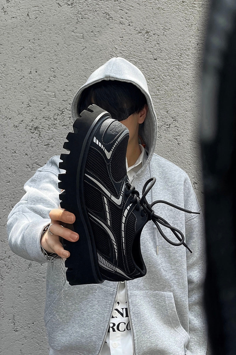 Black Mesh Platform Sneakers with White Accents - Wolvess