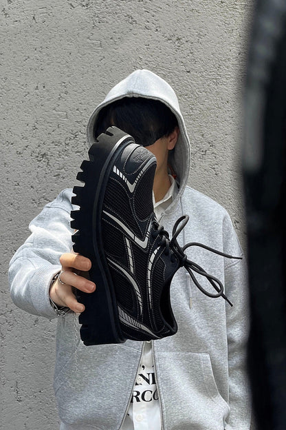 Black Mesh Platform Sneakers with White Accents - Wolvess