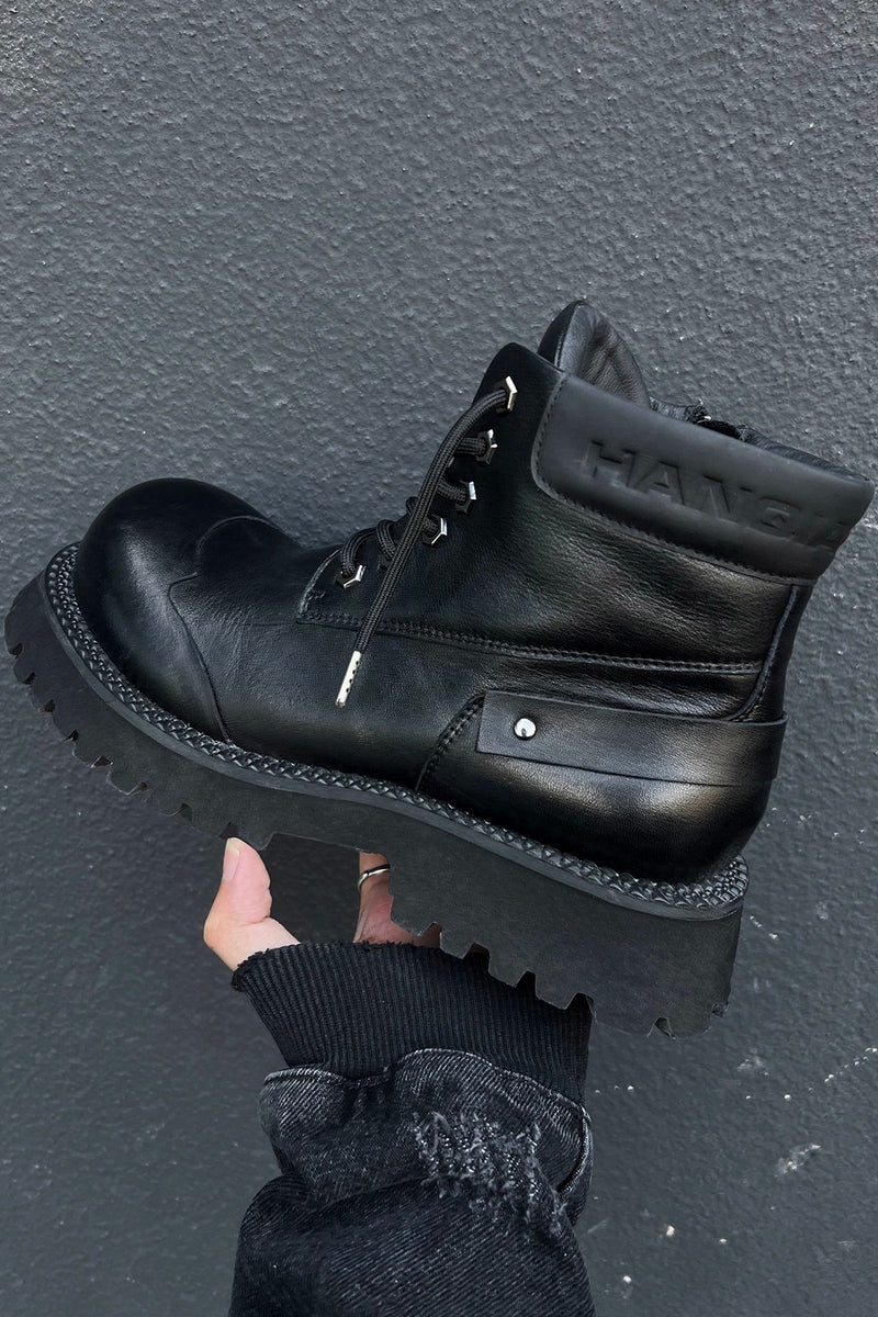 Black Leather Platform Combat Boots - Wolvess