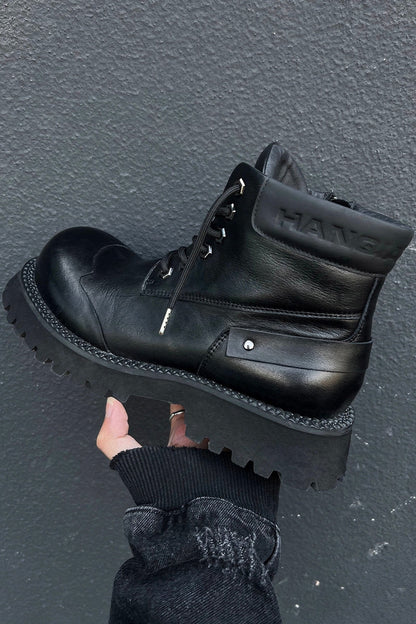 Black Leather Platform Combat Boots - Wolvess