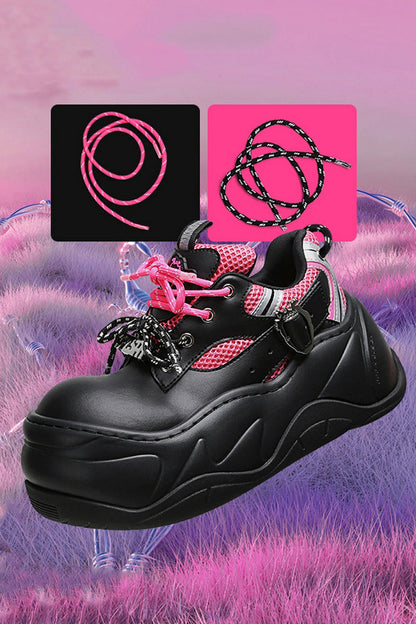Black Pink Mesh Platform Chunky Sneakers - Wolvess
