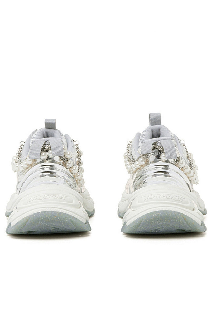 Pearl Decorated Metallic Chunky Sneakers Silver White - Wolvess