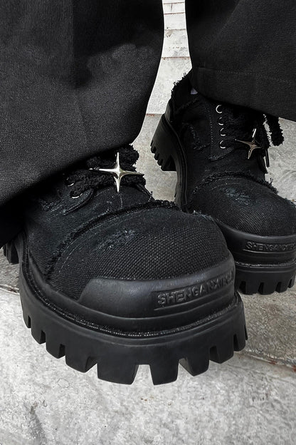 Black Distressed Canvas Platform Sneakers - Wolvess