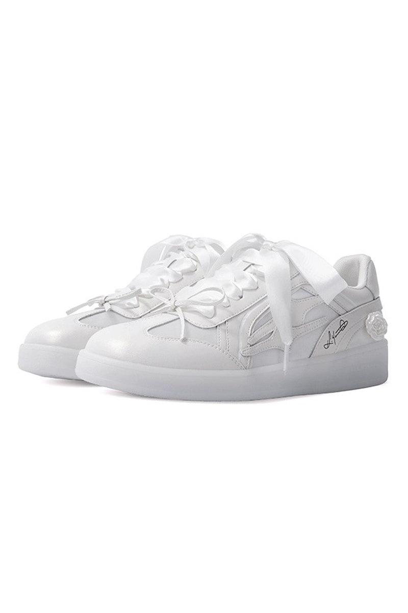 All White Low-Top Sneakers with Satin Laces - Wolvess