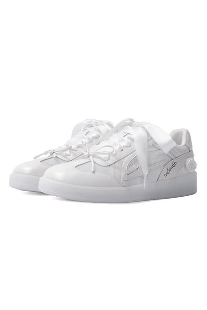 All White Low-Top Sneakers with Satin Laces - Wolvess