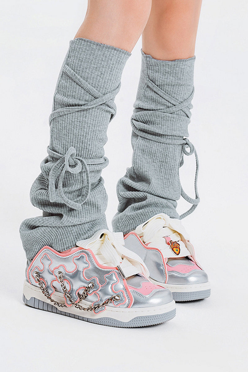 Silver Pink Chain Detail Platform Sneakers - Wolvess