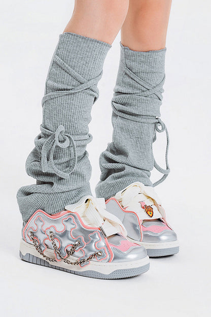 Silver Pink Chain Detail Platform Sneakers - Wolvess