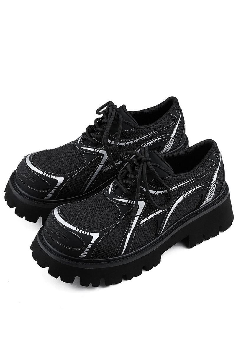 Black Mesh Platform Sneakers with White Accents - Wolvess