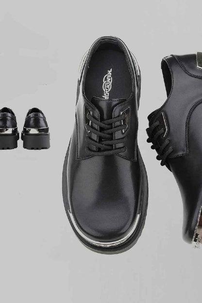 Black Platform Derby Shoes with Silver Metal Toe Cap