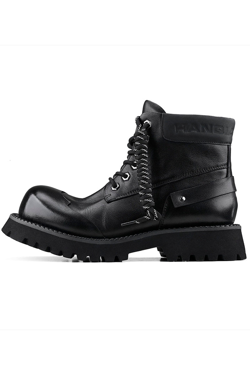 Black Leather Platform Combat Boots - Wolvess