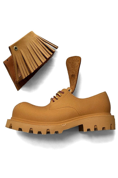Tan Leather Platform Derby Shoes with Fringe Detail and Lug Sole - Wolvess