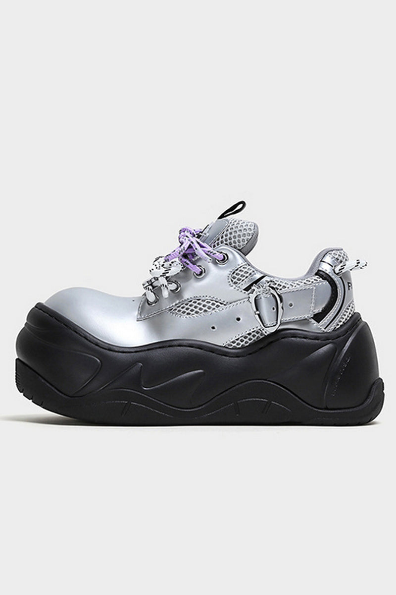 Silver Mesh Platform Wave Buckle Sneakers - Wolvess
