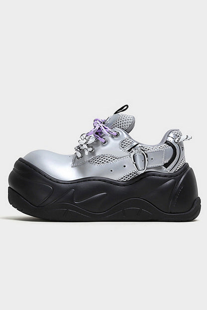 Silver Mesh Platform Wave Buckle Sneakers - Wolvess