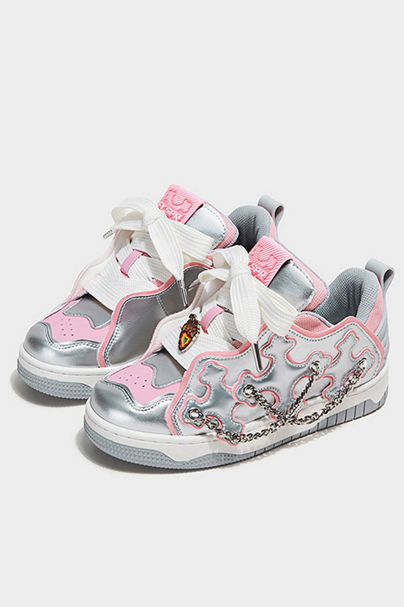 Silver Pink Chain Detail Platform Sneakers - Wolvess