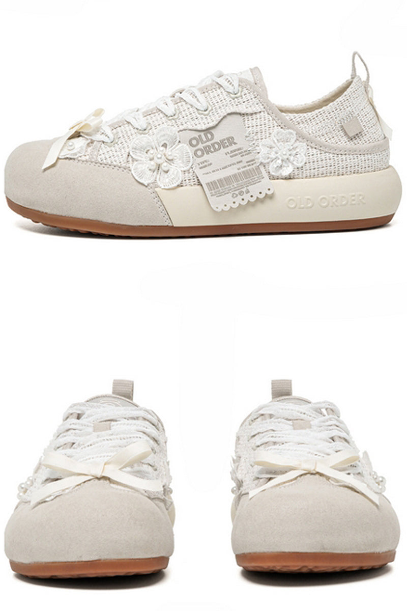 Lace Bow Sneakers Cream White - Wolvess