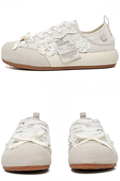 Lace Bow Sneakers Cream White - Wolvess