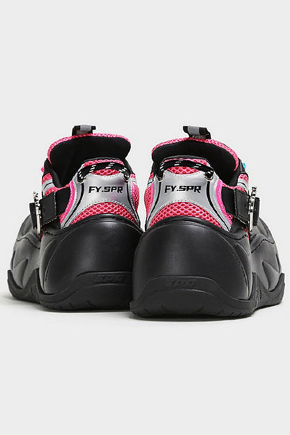 Black Pink Mesh Platform Chunky Sneakers - Wolvess