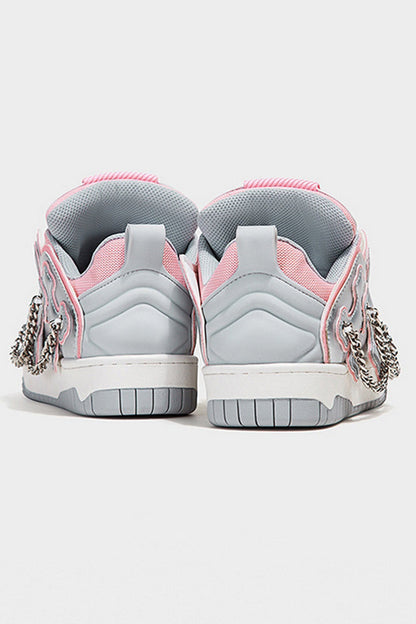 Silver Pink Chain Detail Platform Sneakers - Wolvess