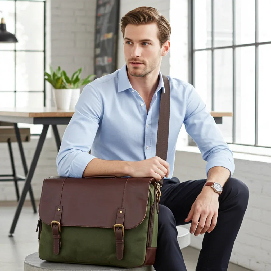 Maxwell Leather & Waxed Canvas Briefcase – Premium Laptop Bag & Canvas Briefcase MiamiLeathers.com