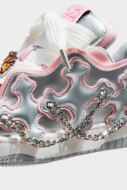 Silver Pink Chain Detail Platform Sneakers - Wolvess