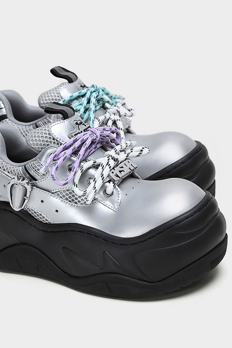 Silver Mesh Platform Wave Buckle Sneakers - Wolvess