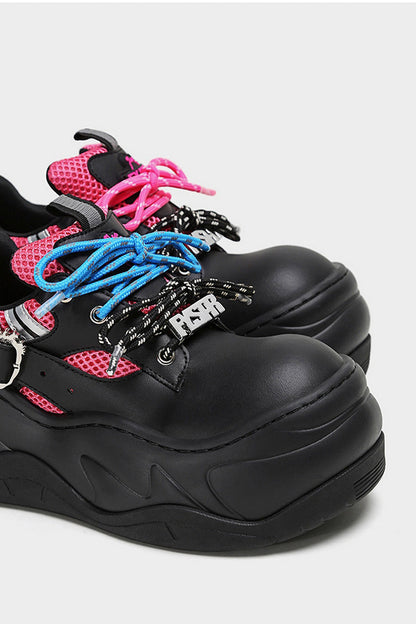 Black Pink Mesh Platform Chunky Sneakers - Wolvess