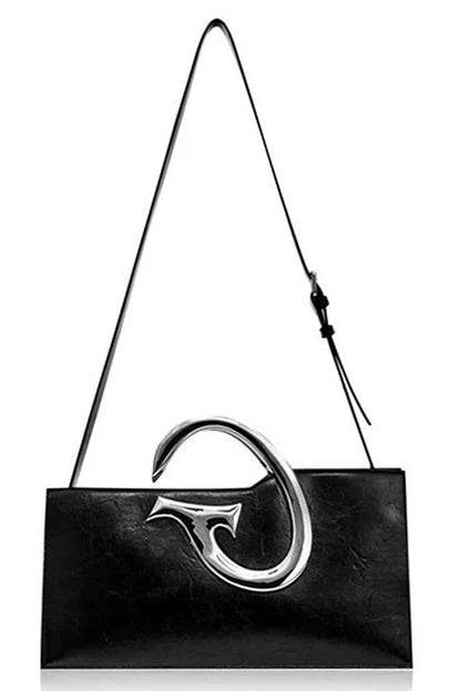 Avant-Garde Metal Handle Shoulder Bag - Sleek Black Designer Tote - Wolvess