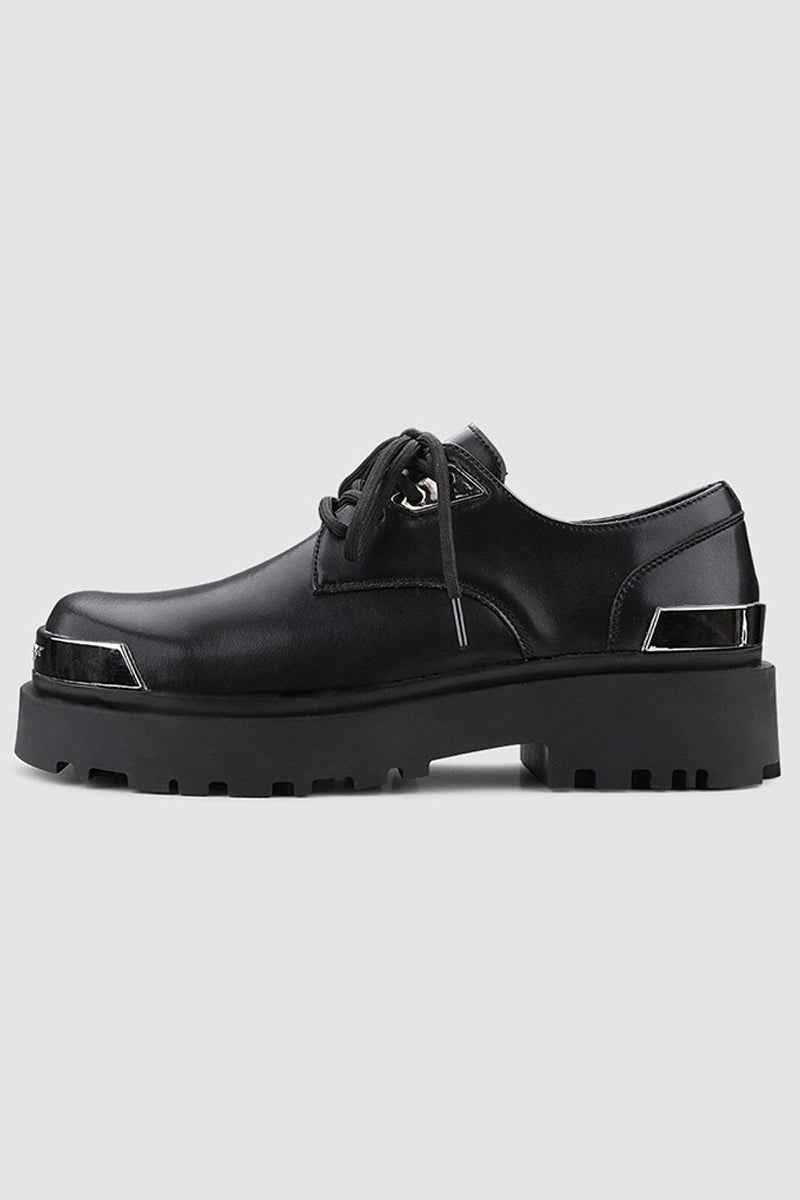 Black Platform Derby Shoes with Silver Metal Toe Cap