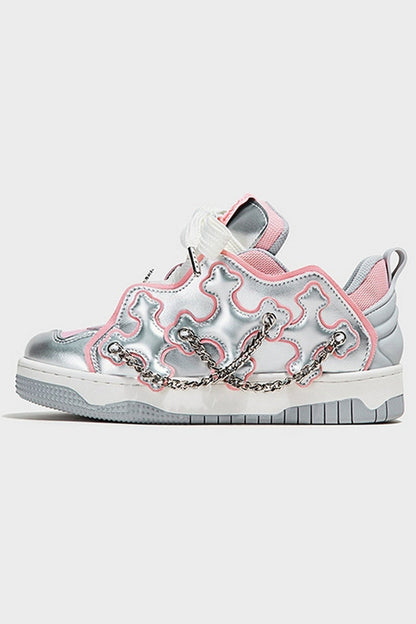 Silver Pink Chain Detail Platform Sneakers - Wolvess